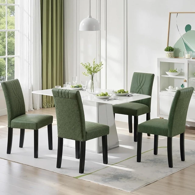 Main image of Upholstered Dining Chairs Set of 4, Modern PU Leather and Solid Wood Legs & High Back for Kitchen/Living Room- Green
