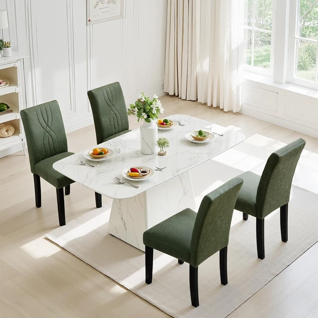 Alt view image 2 of 7 - Upholstered Dining Chairs Set of 4, Modern PU Leather and Solid Wood Legs & High Back for Kitchen/Living Room- Green