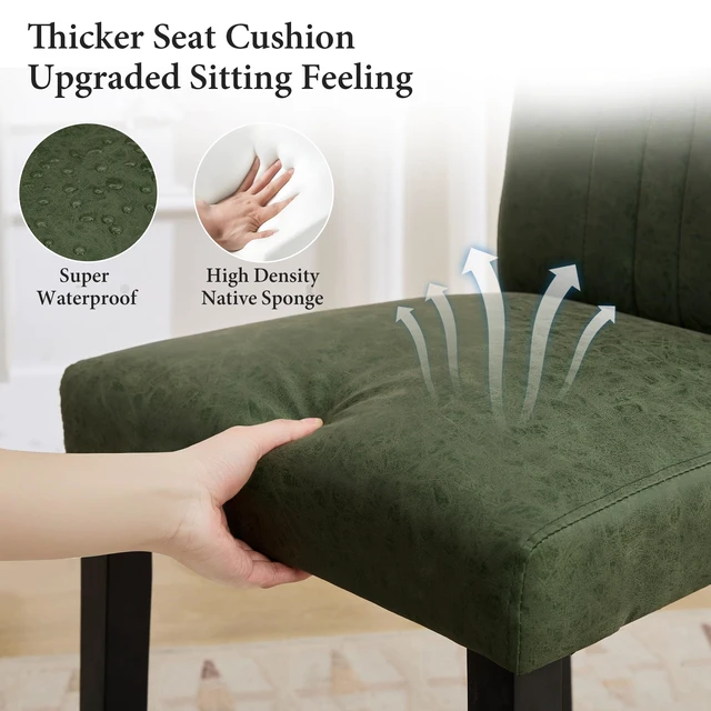 Alt view image 3 of 7 - Upholstered Dining Chairs Set of 4, Modern PU Leather and Solid Wood Legs & High Back for Kitchen/Living Room- Green