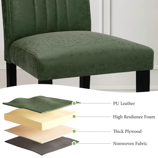 Alt view image 4 of 7 - Upholstered Dining Chairs Set of 4, Modern PU Leather and Solid Wood Legs & High Back for Kitchen/Living Room- Green