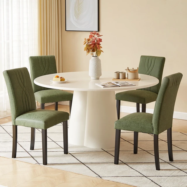 Alt view image 6 of 7 - Upholstered Dining Chairs Set of 4, Modern PU Leather and Solid Wood Legs & High Back for Kitchen/Living Room- Green