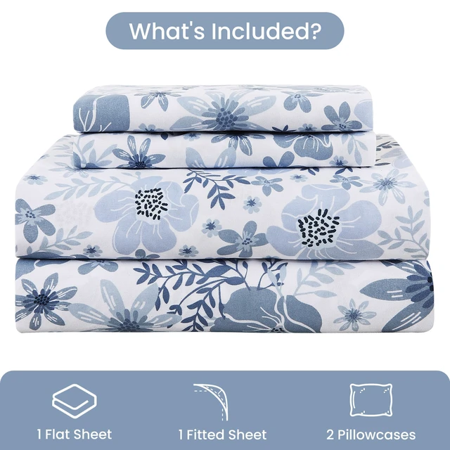 Alt view image 2 of 7 - King Size Sheets Set - 4 Piece Soft Breathable Microfiber Bed Sheet Set - Blue & White Flower Pattern Sheet Set King - Deep Pocket Non-Slip Floral Fitted Sheet Included for All Season