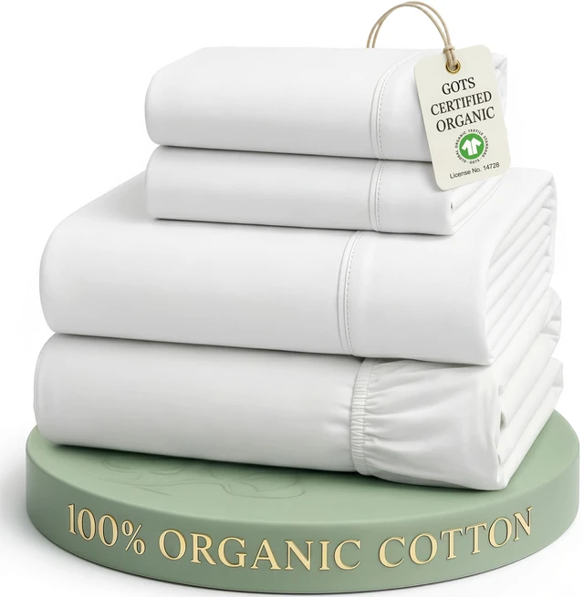 Main image of Queen Sheets 100% Organic Cotton 4pc Percale Cooling - White
Queen Sheet Set, GOTS Certified Organic Cotton Percale - Crisp, Cool & Breathable, For Hot Sleepers, All-Season Comfort