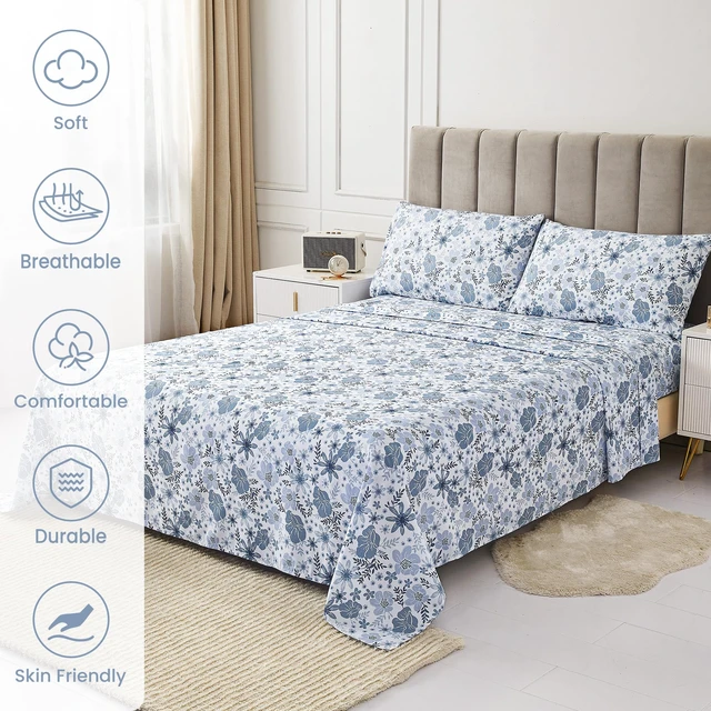 Alt view image 3 of 7 - King Size Sheets Set - 4 Piece Soft Breathable Microfiber Bed Sheet Set - Blue & White Flower Pattern Sheet Set King - Deep Pocket Non-Slip Floral Fitted Sheet Included for All Season