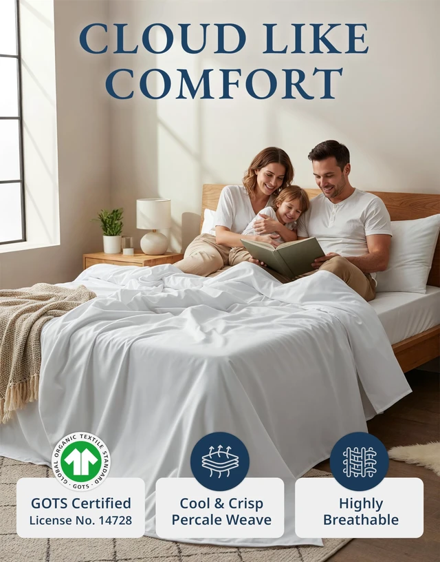 Alt view image 2 of 7 - Queen Sheets 100% Organic Cotton 4pc Percale Cooling - White
Queen Sheet Set, GOTS Certified Organic Cotton Percale - Crisp, Cool & Breathable, For Hot Sleepers, All-Season Comfort