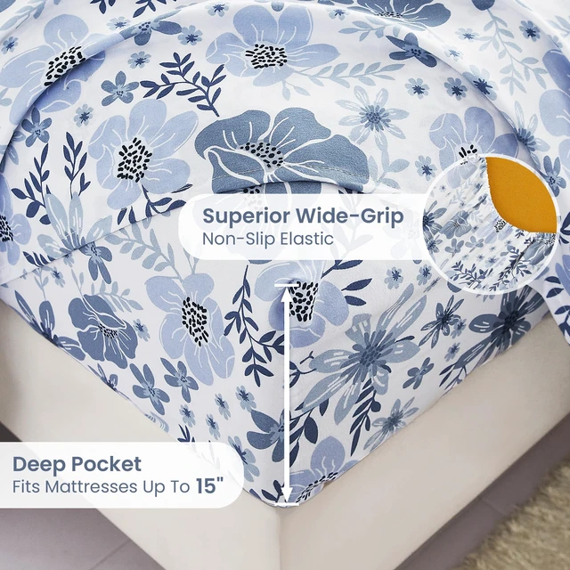 Alt view image 4 of 7 - King Size Sheets Set - 4 Piece Soft Breathable Microfiber Bed Sheet Set - Blue & White Flower Pattern Sheet Set King - Deep Pocket Non-Slip Floral Fitted Sheet Included for All Season
