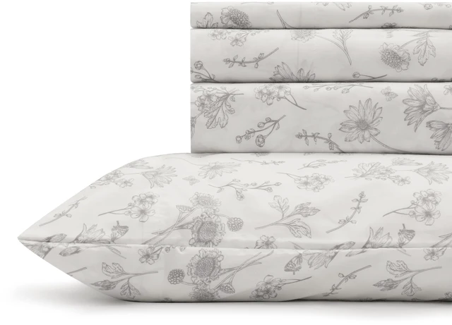 Main image of 100% Cotton Printed Percale Sheet Set King Size, Grey Botanical
4 Piece Deep Pocket Floral Bedding, Crisp Cool & Breathable, Fade-Resistant Design, Hotel Luxury, Long-Staple Combed Cotton