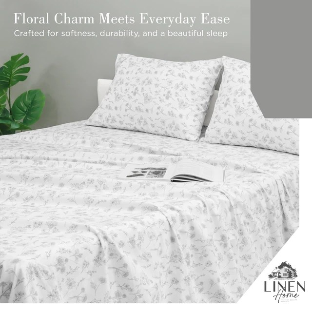 Alt view image 2 of 7 - 100% Cotton Printed Percale Sheet Set King Size, Grey Botanical
4 Piece Deep Pocket Floral Bedding, Crisp Cool & Breathable, Fade-Resistant Design, Hotel Luxury, Long-Staple Combed Cotton
