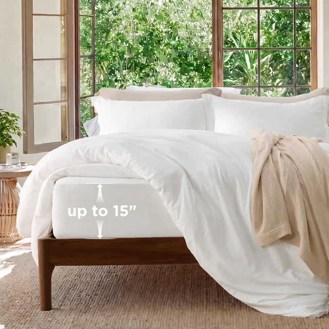 Main image of Prewashed Duvet Cover Queen with Fitted Sheet, 4-Piece Set, White
15-Inch Deep Pocket, Ultra Soft, Relaxed Texture, Breathable, Zipper Closure, 8 Corner Ties, Easy Care, Year-Round Use