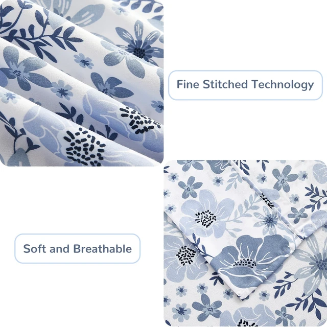 Alt view image 5 of 7 - King Size Sheets Set - 4 Piece Soft Breathable Microfiber Bed Sheet Set - Blue & White Flower Pattern Sheet Set King - Deep Pocket Non-Slip Floral Fitted Sheet Included for All Season