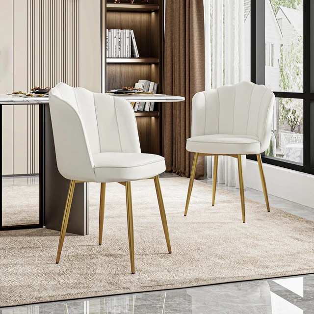 Alt view image 2 of 7 - Velvet Dining Chairs Set of 2, Modern Upholstered Kitchen Chairs with Thick Cushions, Curved Padded Backrest and Metal Legs, for Kitchen, Dining Room, Living Room, White