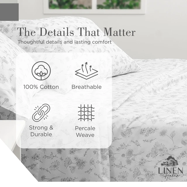 Alt view image 3 of 7 - 100% Cotton Printed Percale Sheet Set King Size, Grey Botanical
4 Piece Deep Pocket Floral Bedding, Crisp Cool & Breathable, Fade-Resistant Design, Hotel Luxury, Long-Staple Combed Cotton