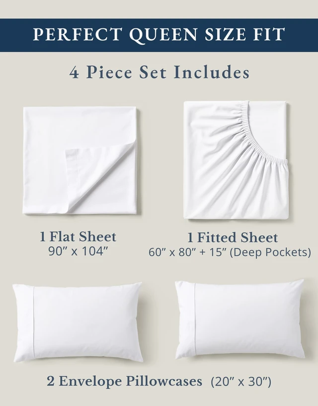 Alt view image 3 of 7 - Queen Sheets 100% Organic Cotton 4pc Percale Cooling - White
Queen Sheet Set, GOTS Certified Organic Cotton Percale - Crisp, Cool & Breathable, For Hot Sleepers, All-Season Comfort