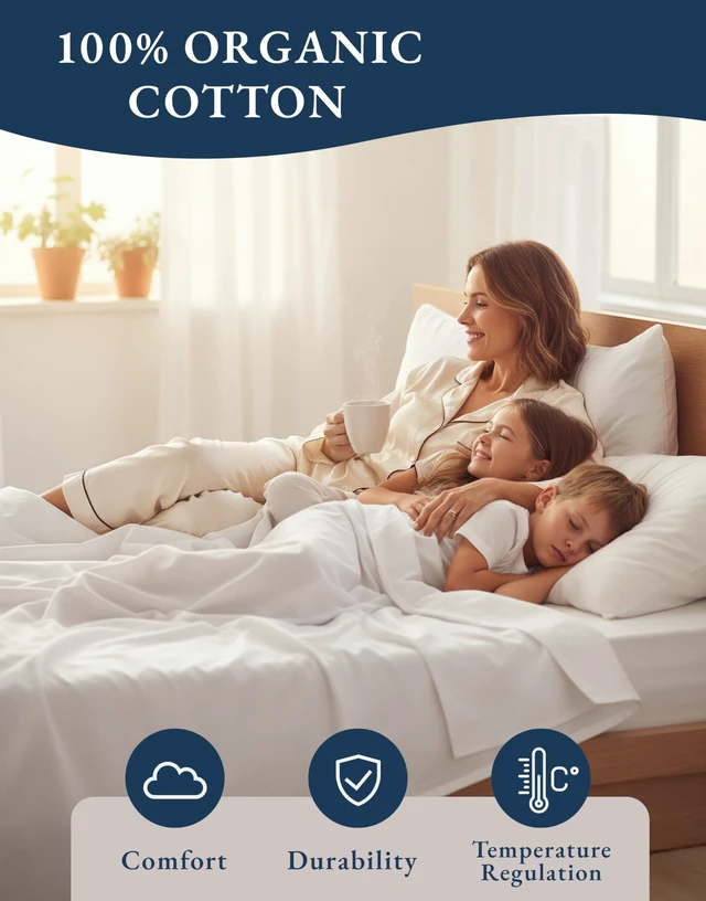 Alt view image 5 of 7 - Queen Sheets 100% Organic Cotton 4pc Percale Cooling - White
Queen Sheet Set, GOTS Certified Organic Cotton Percale - Crisp, Cool & Breathable, For Hot Sleepers, All-Season Comfort