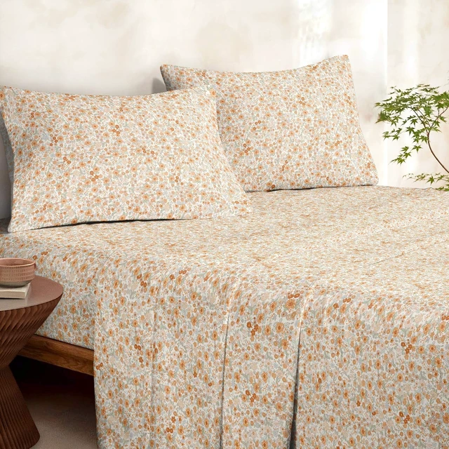 Alt view image 2 of 7 - Floral Bed Sheets, 4-Piece Sheet Set, Shabby Chic Flower Pattern Printed Country Coquette Cottage Aesthetic Bedding, Deep Pocket, Cream Orange, Full Size