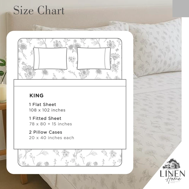 Alt view image 5 of 7 - 100% Cotton Printed Percale Sheet Set King Size, Grey Botanical
4 Piece Deep Pocket Floral Bedding, Crisp Cool & Breathable, Fade-Resistant Design, Hotel Luxury, Long-Staple Combed Cotton