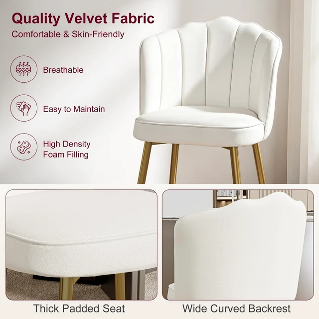 Alt view image 4 of 7 - Velvet Dining Chairs Set of 2, Modern Upholstered Kitchen Chairs with Thick Cushions, Curved Padded Backrest and Metal Legs, for Kitchen, Dining Room, Living Room, White