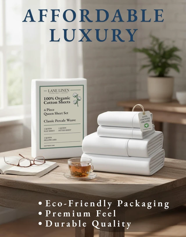 Alt view image 6 of 7 - Queen Sheets 100% Organic Cotton 4pc Percale Cooling - White
Queen Sheet Set, GOTS Certified Organic Cotton Percale - Crisp, Cool & Breathable, For Hot Sleepers, All-Season Comfort