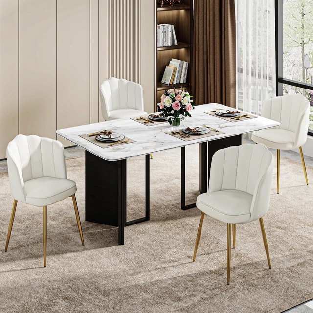 Alt view image 5 of 7 - Velvet Dining Chairs Set of 2, Modern Upholstered Kitchen Chairs with Thick Cushions, Curved Padded Backrest and Metal Legs, for Kitchen, Dining Room, Living Room, White