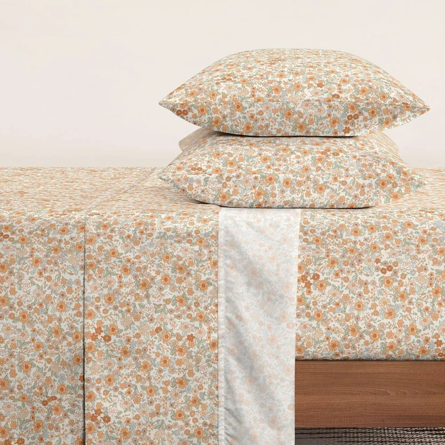 Alt view image 3 of 7 - Floral Bed Sheets, 4-Piece Sheet Set, Shabby Chic Flower Pattern Printed Country Coquette Cottage Aesthetic Bedding, Deep Pocket, Cream Orange, Full Size