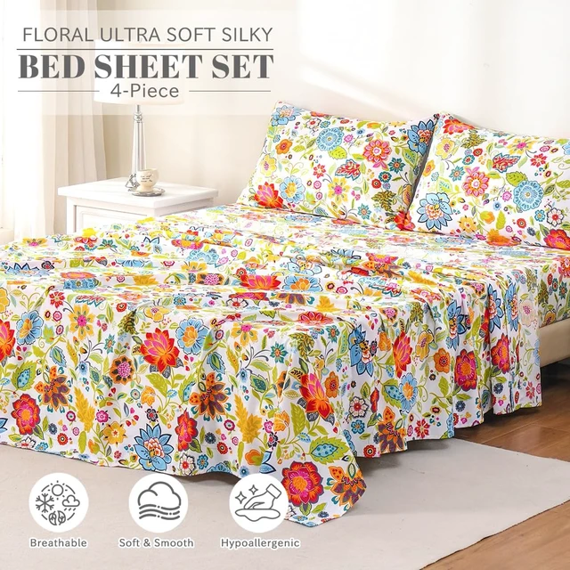 Alt view image 2 of 7 - Floral Pattern Bed Sheet Set Queen Size, 16" Deep Pocket 4PCS
Ultra Soft Microfiber, Breathable & Silky, OEKO-TEX Certified, Easy-Care Machine Washable, 4PCS, All-Season Spring Bedding