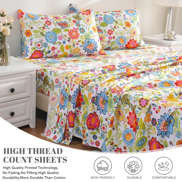 Alt view image 3 of 7 - Floral Pattern Bed Sheet Set Queen Size, 16" Deep Pocket 4PCS
Ultra Soft Microfiber, Breathable & Silky, OEKO-TEX Certified, Easy-Care Machine Washable, 4PCS, All-Season Spring Bedding