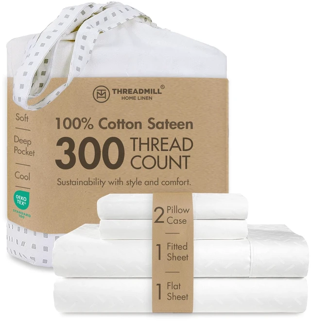 Main image of 300 Thread Count Cotton Queen Sheet Set, Sateen, Jacquard, White
100% Cotton, Sateen Weave, Jacquard Pattern, 4-Piece Set, 16" Deep Pocket, Cooling, OEKO-TEX Certified, Machine Washable