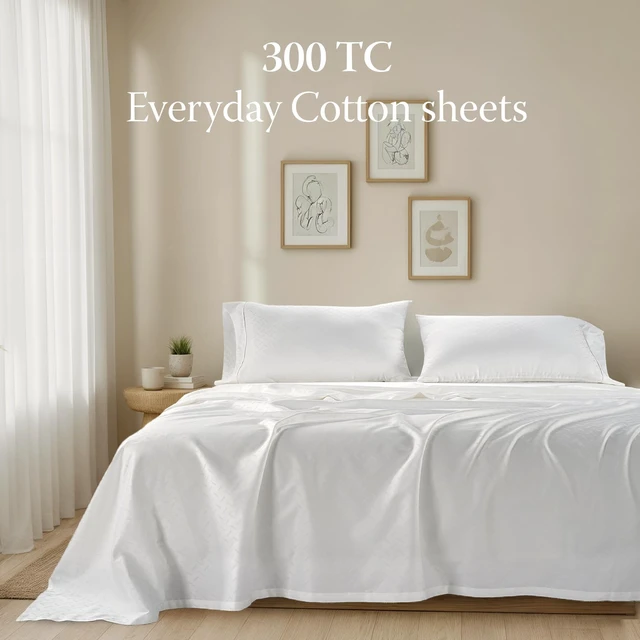 Alt view image 2 of 7 - 300 Thread Count Cotton Queen Sheet Set, Sateen, Jacquard, White
100% Cotton, Sateen Weave, Jacquard Pattern, 4-Piece Set, 16" Deep Pocket, Cooling, OEKO-TEX Certified, Machine Washable
