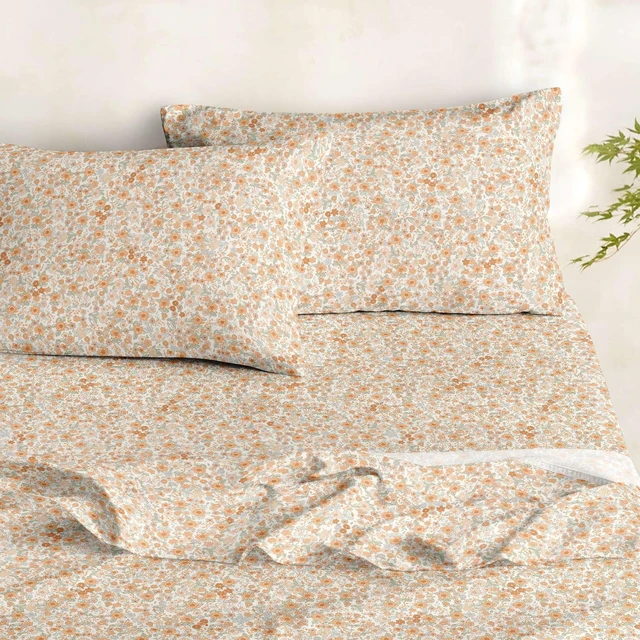 Alt view image 4 of 7 - Floral Bed Sheets, 4-Piece Sheet Set, Shabby Chic Flower Pattern Printed Country Coquette Cottage Aesthetic Bedding, Deep Pocket, Cream Orange, Full Size
