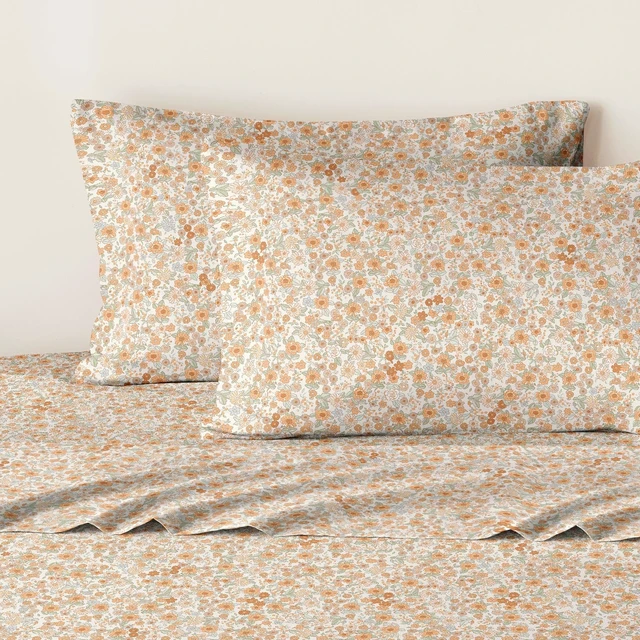 Alt view image 5 of 7 - Floral Bed Sheets, 4-Piece Sheet Set, Shabby Chic Flower Pattern Printed Country Coquette Cottage Aesthetic Bedding, Deep Pocket, Cream Orange, Full Size