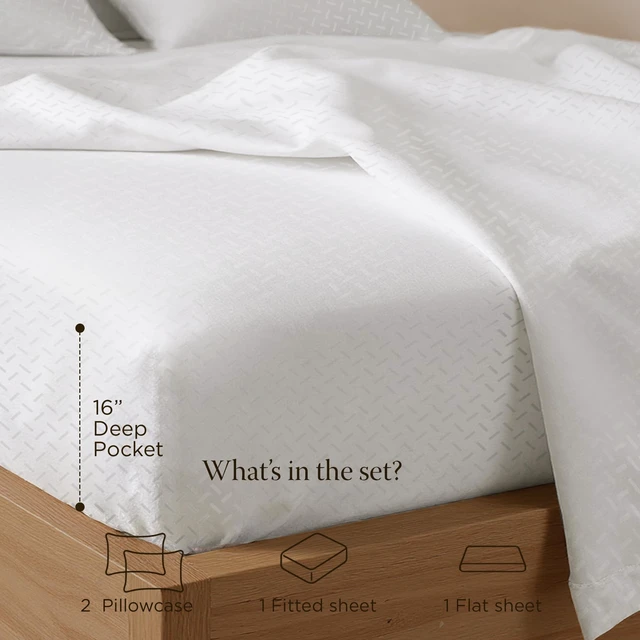 Alt view image 3 of 7 - 300 Thread Count Cotton Queen Sheet Set, Sateen, Jacquard, White
100% Cotton, Sateen Weave, Jacquard Pattern, 4-Piece Set, 16" Deep Pocket, Cooling, OEKO-TEX Certified, Machine Washable