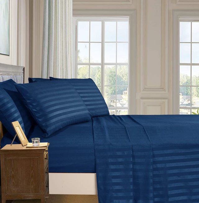Alt view image 2 of 7 - Comfort Softest and Coziest 6-Piece Sheet Set - 1500 Thread Count Egyptian Quality Luxurious Wrinkle Resistant 6-Piece Damask Stripe Bed Sheet Set, King, Navy Blue