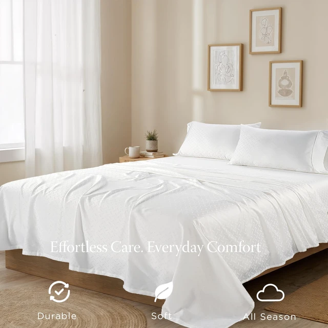 Alt view image 4 of 7 - 300 Thread Count Cotton Queen Sheet Set, Sateen, Jacquard, White
100% Cotton, Sateen Weave, Jacquard Pattern, 4-Piece Set, 16" Deep Pocket, Cooling, OEKO-TEX Certified, Machine Washable