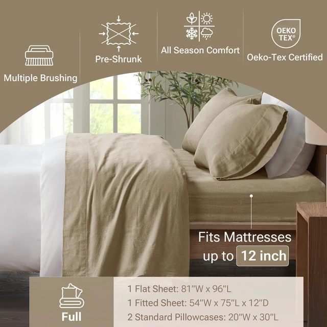 Alt view image 4 of 7 - Sleep Philosophy Cozy Flannel Sheets 100% Cotton, Full Sheet Set, 4 Piece
Warm Flannel Bed Set, Ultra Soft Cold Weather Bedding, Deep Pocket Fits up to 12" Mattress, Novelty Print Tan Solid
