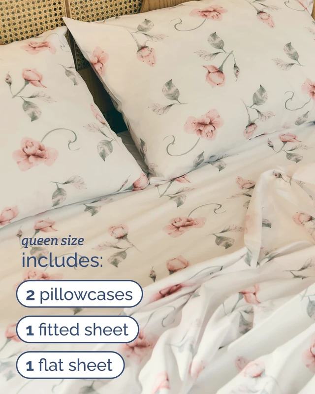 Alt view image 4 of 7 - 4 Piece Boho Botanical Floral Sheet Set - Soft & Cooling - Rosebud
1 Flat, 1 Fitted & 2 Pillowcases w/ Deep Pockets, Boho Botanical Floral Bedding, Breathable & Cooling, Wrinkle & Fade Free