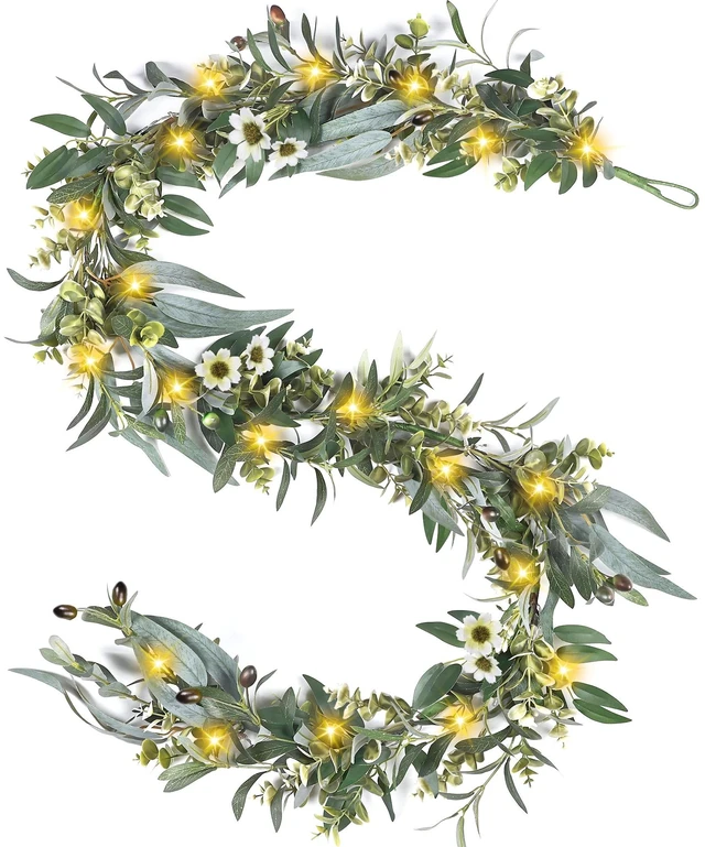 Main image of Olive Garland with Lights - 6 Ft Eucalyptus Garland with Timer
Artificial Greenery Garlands with 30 Fairy Lights for Indoor Outdoor Wedding Arch Backdrop Table Spring/Summer Decor