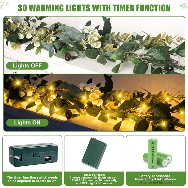 Alt view image 3 of 7 - Olive Garland with Lights - 6 Ft Eucalyptus Garland with Timer
Artificial Greenery Garlands with 30 Fairy Lights for Indoor Outdoor Wedding Arch Backdrop Table Spring/Summer Decor