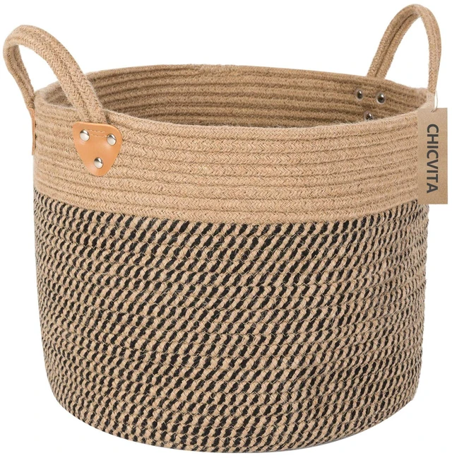Main image of Wicker Storage Basket with Leather Handles, 14" x 12", Black
Decorative Woven Basket for Toys, Shoes, Blankets & Laundry Storage, Living Room & Bedroom Organizer, Indoor Plant Basket