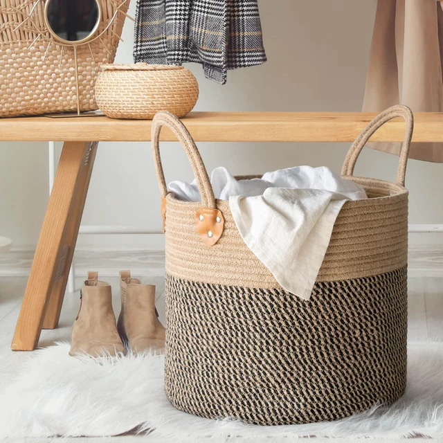 Alt view image 2 of 7 - Wicker Storage Basket with Leather Handles, 14" x 12", Black
Decorative Woven Basket for Toys, Shoes, Blankets & Laundry Storage, Living Room & Bedroom Organizer, Indoor Plant Basket