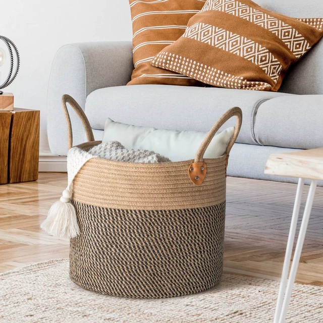 Alt view image 3 of 7 - Wicker Storage Basket with Leather Handles, 14" x 12", Black
Decorative Woven Basket for Toys, Shoes, Blankets & Laundry Storage, Living Room & Bedroom Organizer, Indoor Plant Basket