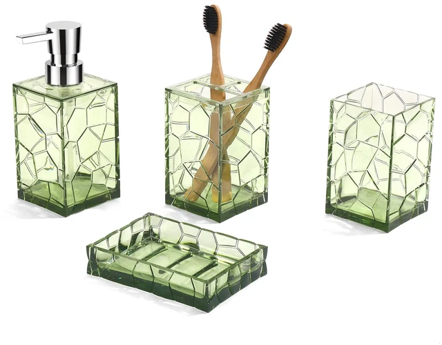 Main image of Green Bathroom Accessories Set with Toothbrush Holder, Soap Dispenser, Tumbler, Soap Dish, Sage Green Bathroom Decor, Acrylic (Green-4pcs)