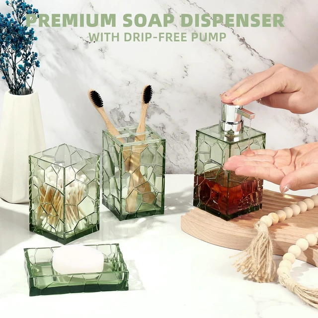 Alt view image 2 of 6 - Green Bathroom Accessories Set with Toothbrush Holder, Soap Dispenser, Tumbler, Soap Dish, Sage Green Bathroom Decor, Acrylic (Green-4pcs)