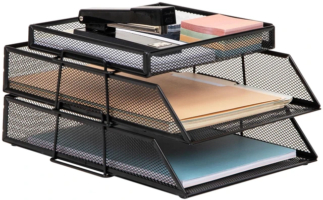 Main image of eader 2 Tier Paper Tray with Top Supply Compartment, Desktop File Organizer, Metal Mesh, Black