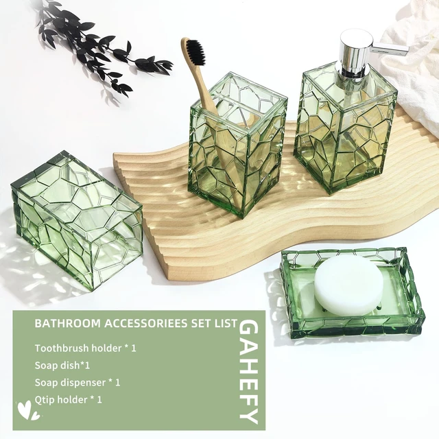 Alt view image 3 of 6 - Green Bathroom Accessories Set with Toothbrush Holder, Soap Dispenser, Tumbler, Soap Dish, Sage Green Bathroom Decor, Acrylic (Green-4pcs)