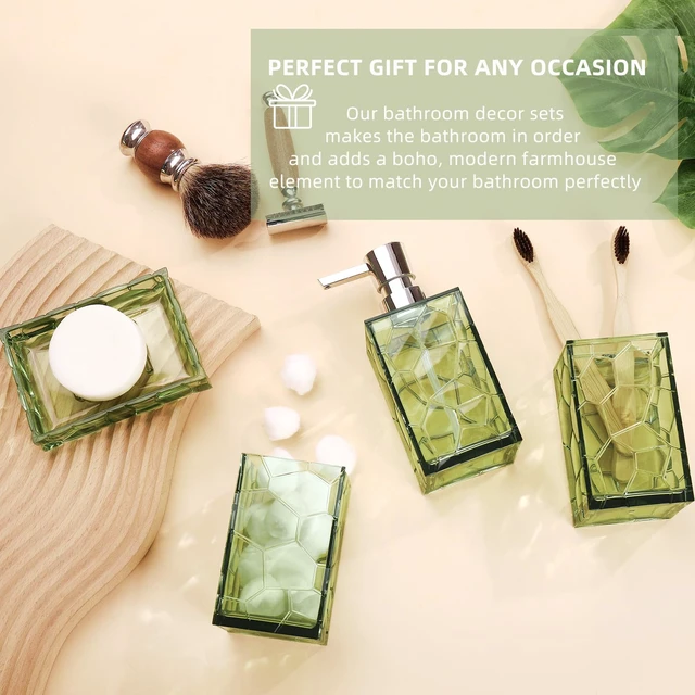Alt view image 4 of 6 - Green Bathroom Accessories Set with Toothbrush Holder, Soap Dispenser, Tumbler, Soap Dish, Sage Green Bathroom Decor, Acrylic (Green-4pcs)