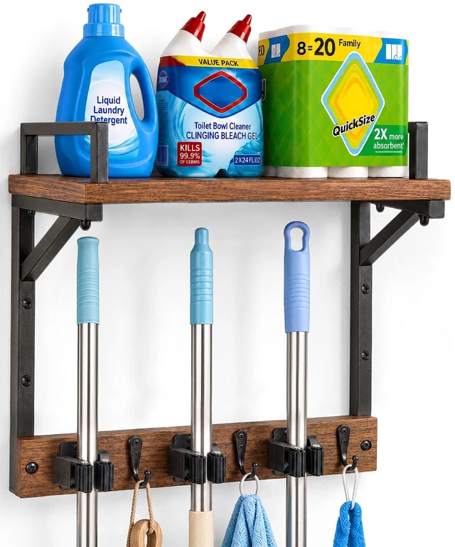 Main image of Broom Holder Wall Mount with Cleaning Supplies Storage, Heavy Duty
3 in 1 Broom and Mop Organizer Wall Hanging, Wooden Mop Organizer Hanger, Storage Shelves for Laundry Room, Garage