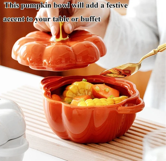 Alt view image 2 of 7 - Oven Pot with Lid, Pumpkin Pottery Dessert Saucepan, Mini Baking Dish Cute Pumpkins Bowl, Covered Dutch Oven Ceramic Stockpot, Pumpkin-Shaped Casserole (Orange)