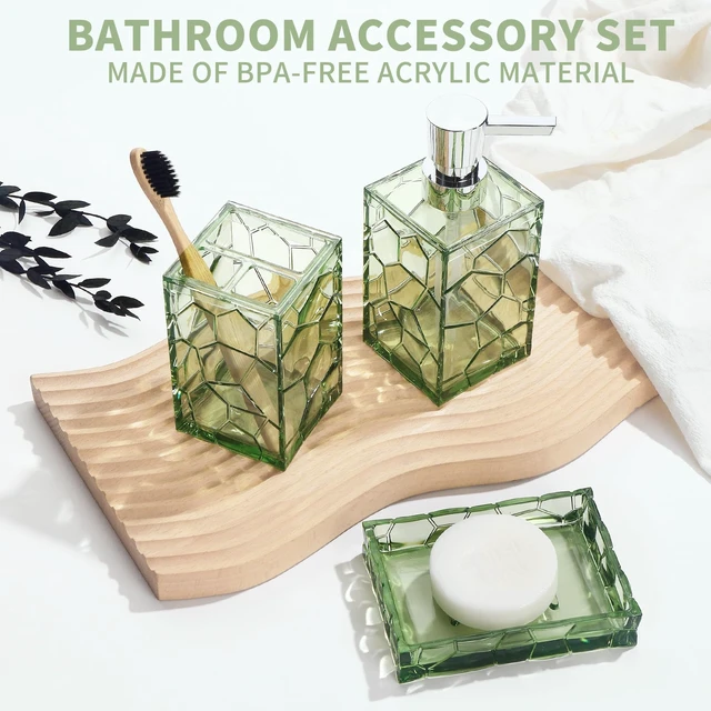 Alt view image 5 of 6 - Green Bathroom Accessories Set with Toothbrush Holder, Soap Dispenser, Tumbler, Soap Dish, Sage Green Bathroom Decor, Acrylic (Green-4pcs)