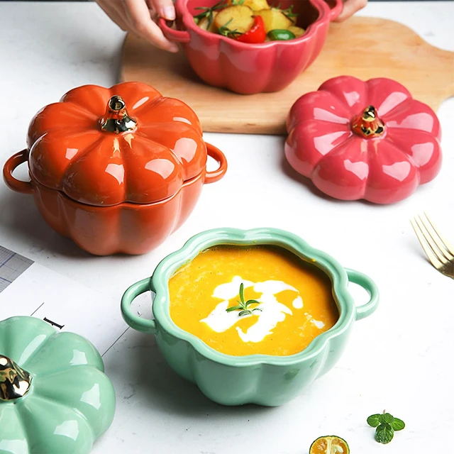 Alt view image 4 of 7 - Oven Pot with Lid, Pumpkin Pottery Dessert Saucepan, Mini Baking Dish Cute Pumpkins Bowl, Covered Dutch Oven Ceramic Stockpot, Pumpkin-Shaped Casserole (Orange)
