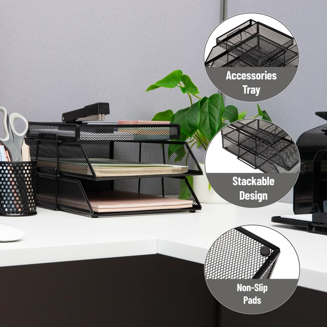 Alt view image 4 of 7 - eader 2 Tier Paper Tray with Top Supply Compartment, Desktop File Organizer, Metal Mesh, Black